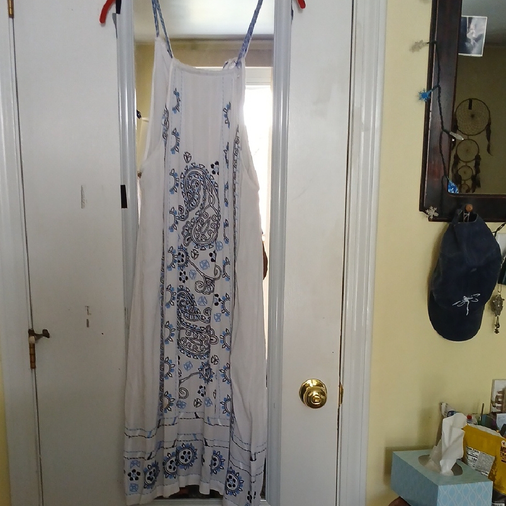 White and Blue Paisley Maxi Dress